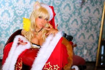 обоя девушки, nonsummerjack, образ, косплей, наряд, костюм, ушки, шапка, хвост, топ, рукава, кресло