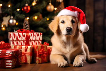 Картинка разное компьютерный+дизайн собака ретривер шапка ёлка подарки новый год
