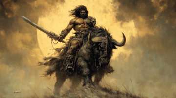 Картинка фэнтези люди всадник воин меч бык