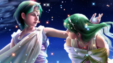 обоя фэнтези, _kagaya, девушки, сестры, танец, звезды