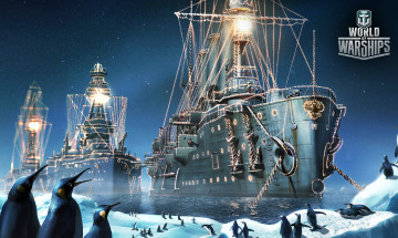 Картинка видео+игры world+of+warships корабли огни море льды пингвины
