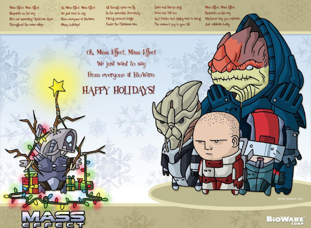 Обои картинки фото видео игры, mass effect, персонажи, подарки, гирлянда