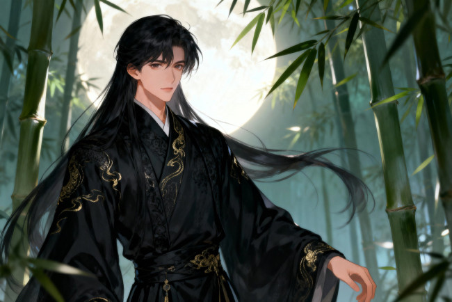 Обои картинки фото аниме, unknown,  другое , парень, китай, волосы, наряд, бамбук, лес, луна