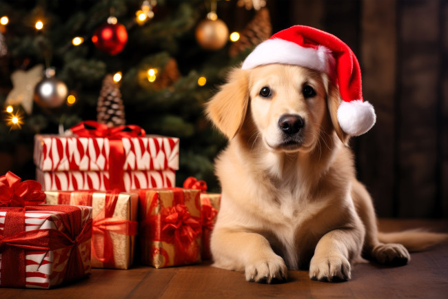 Обои картинки фото разное, компьютерный дизайн, собака, ретривер, шапка, ёлка, подарки, новый, год
