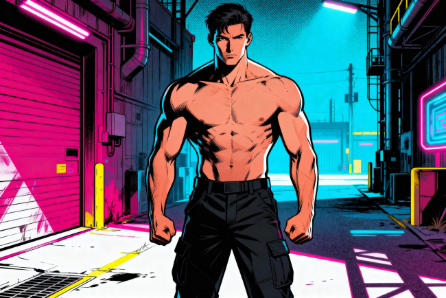 Обои картинки фото рисованное, комиксы, мужчина, торс, брюки, город, улица, дома