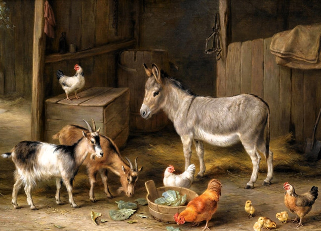 Обои картинки фото рисованное, edgar hunt, сарай, сено, куры, цыплята, козы, ослик