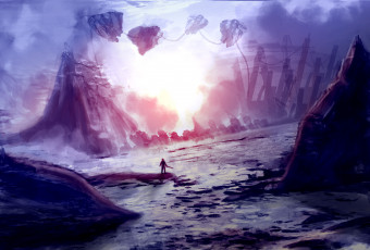 Картинка фэнтези иные+миры +иные+времена горы долина цепи острова летающие