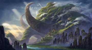 Картинка фэнтези иные+миры +иные+времена скалы река замок гора мир иной водопад