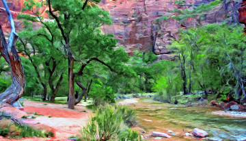 Картинка рисованные природа горы ручей