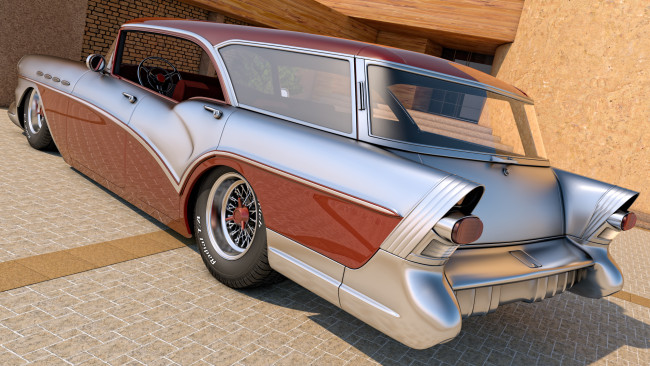 Обои картинки фото автомобили, 3д, 1957, buick, century, caballero, wagon