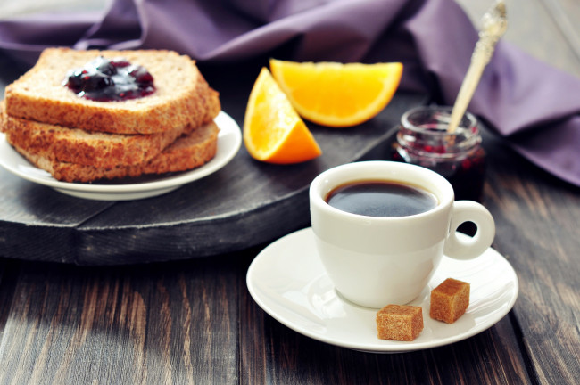 Обои картинки фото еда, разное, хлеб, апельсин, джем, кофе, сахар