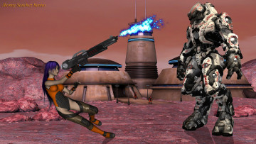 Картинка 3д+графика фантазия+ fantasy робот оружие фон взгляд девушка