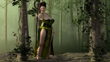 Картинка 3д+графика люди+ people лес шест фон взгляд девушка