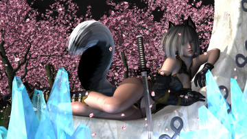 Картинка 3д+графика существа+ creatures ушки сакура хвост фон меч взгляд девушка