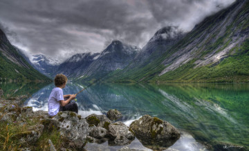 Картинка разное рыбалка +рыбаки +улов +снасти пейзаж горы озеро удочка мальчик