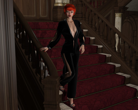 Обои картинки фото 3д графика, люди , people, лестница, фон, взгляд, девушка, рыжая