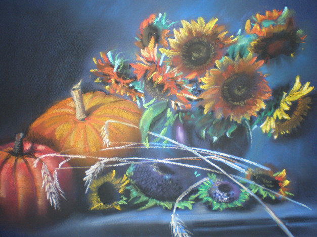 Обои картинки фото натюрморт, рисованное, живопись, тыква, подсолнух