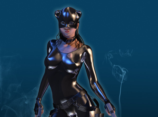 Обои картинки фото 3д графика, люди , people, латекс, маска, фон, взгляд, девушка, оружие