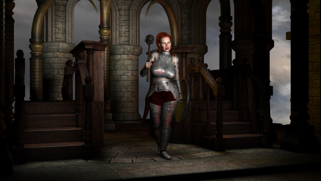 Обои картинки фото 3д графика, амазонки , amazon, булава, взгляд, фон, девушка