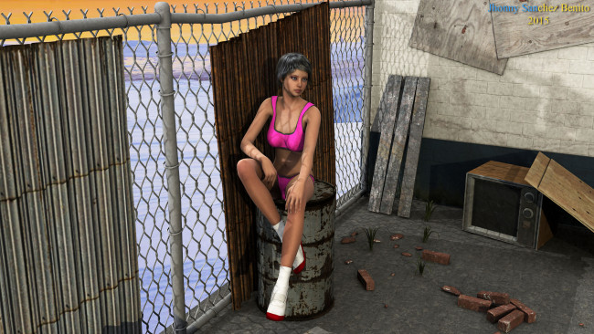 Обои картинки фото 3д графика, люди , people, девушка, взгляд, фон, купальник, двор