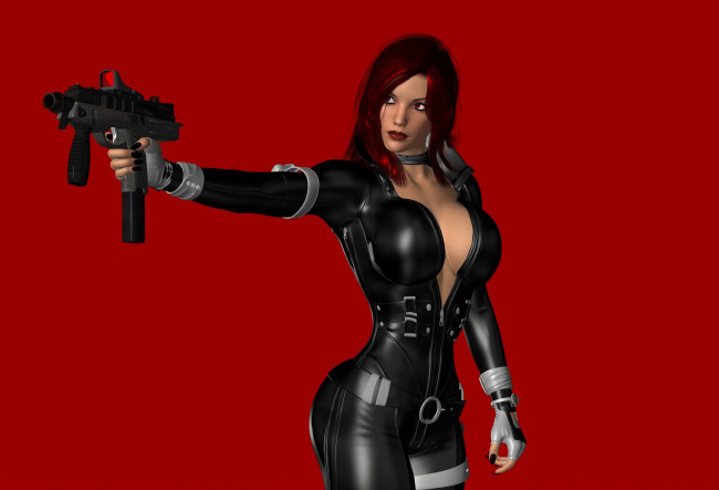 Обои картинки фото 3д графика, люди , people, взгляд, оружие, девушка, фон
