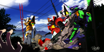 Картинка аниме evangelion небо роботы горы оружие eva меха