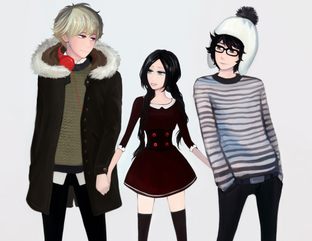 Обои картинки фото аниме, unknown,  другое, парни, девушка, трио, арт, фон