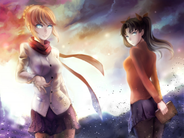 Обои картинки фото аниме, fate, stay night, ragecndy, tohsaka, rin, saber, stay, night