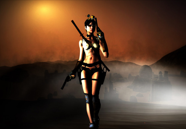 Обои картинки фото 3д графика, люди , people, пистолет, меч, фон, девушка