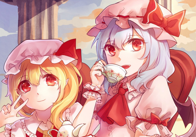 Обои картинки фото аниме, touhou, взгляд, девушки, фон