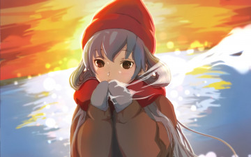 Картинка аниме зима +новый+год +рождество девушка взгляд фон