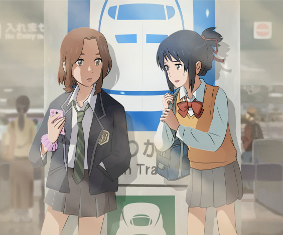 Обои картинки фото аниме, kimi no na wa, девушки, взгляд, фон