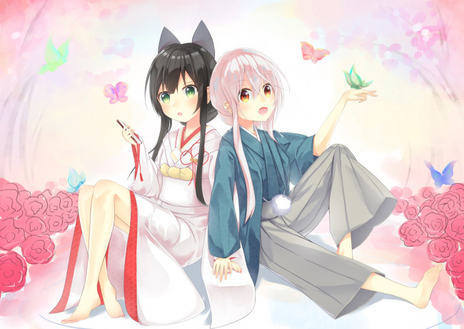 Обои картинки фото аниме, urara meirochou, фон, взгляд, девушки