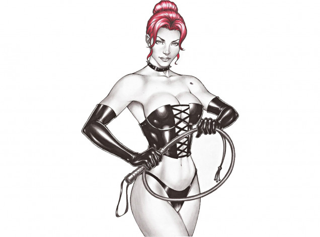 Обои картинки фото рисованное, комиксы, корсет, плеть, взгляд, фон, девушка