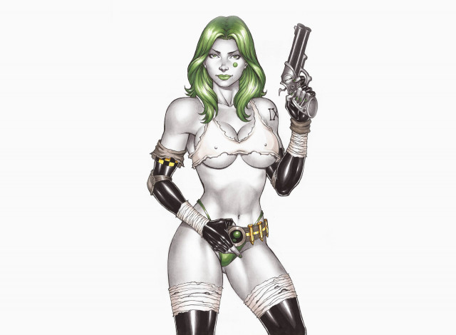 Обои картинки фото рисованное, комиксы, взгляд, фон, револьвер, девушка