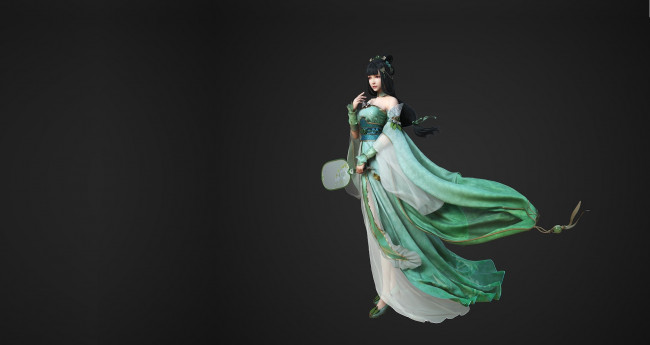 Обои картинки фото фэнтези, девушки, платье, веер, yonglin, yao, арт, девушка