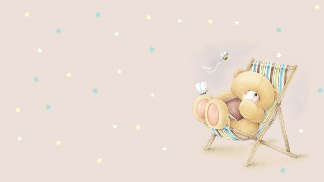 Обои картинки фото рисованное, мишки тэдди, сон, книга, звездочки, мишка, шезлонг
