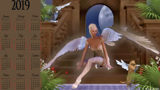 Обои картинки фото календари, 3д-графика, лестница, девушка, крылья, кошка