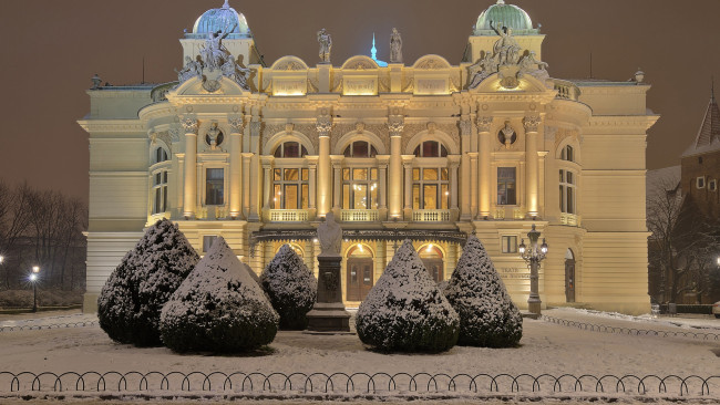 Обои картинки фото города, краков , польша, зима, снег, театр