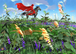 Картинка фэнтези люди всадник плащ луг