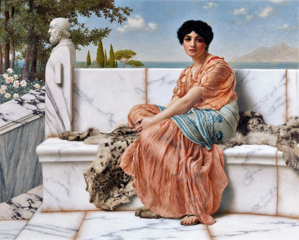 Обои картинки фото in the days of sappho, рисованное, john william godward, женщина, шкура, скамейка, мрамор