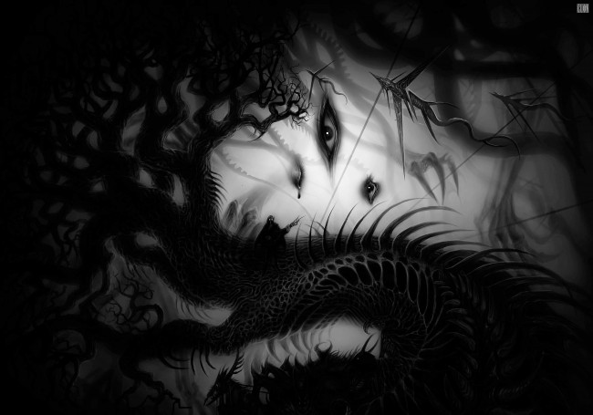 Обои картинки фото фэнтези, нежить, глаза, ветки, дерево, демон