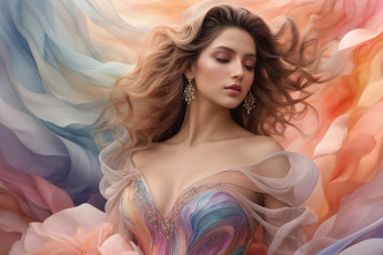 Картинка 3д+графика люди+ people грудь девушка лицо шелк платье красавица ткань шатенка