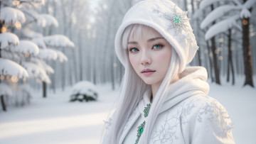 Картинка нейросеть 3д+графика фантазия+ fantasy girl green eyes nature art winter snow