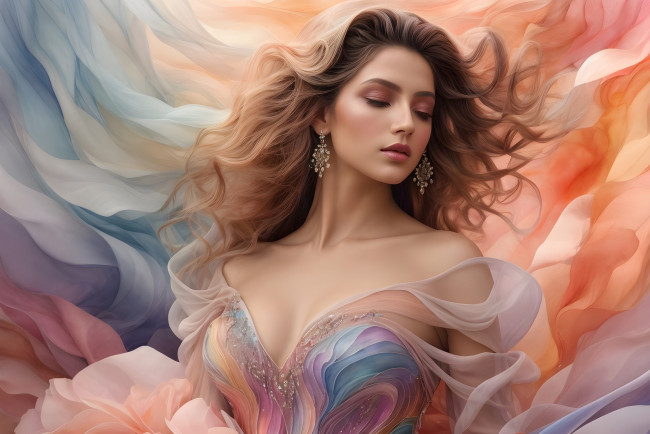 Обои картинки фото 3д графика, люди , people, грудь, девушка, лицо, шелк, платье, красавица, ткань, шатенка