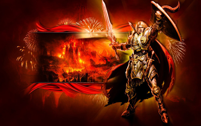 Обои картинки фото видео игры, mummy online, воин, меч, щит, доспехи, салют, война, огонь