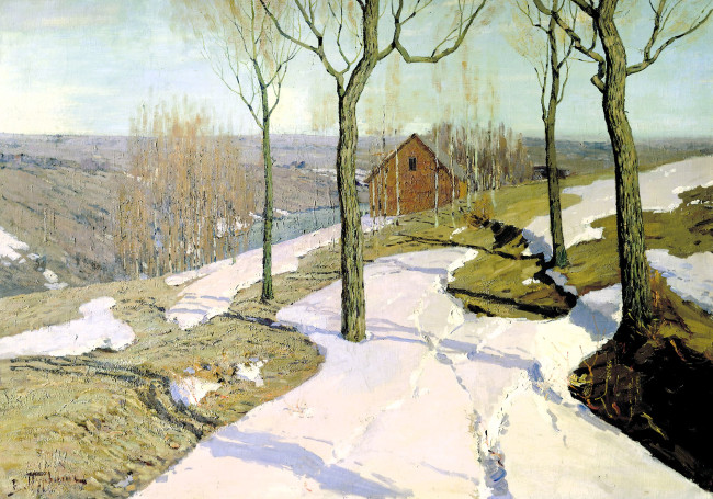 Обои картинки фото пурвит вильгельм - последний снег, рисованное, живопись, холмы, снег, весна, деревья, дом