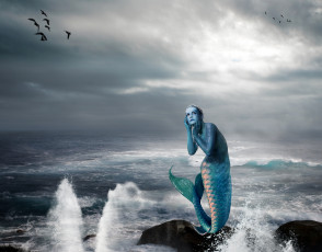 Картинка фэнтези фотоарт русалка камень море