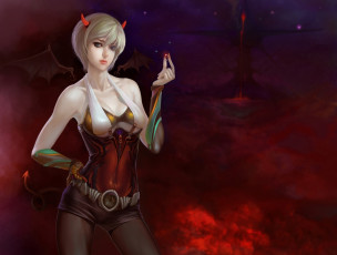 Картинка фэнтези демоны дым демон крылья хвост взгляд рога девушка ад