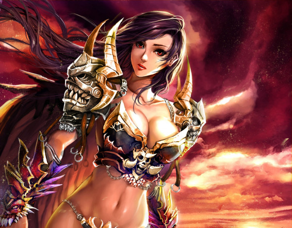 Обои картинки фото фэнтези, девушки, доспехи, грудь, взгляд, девушка